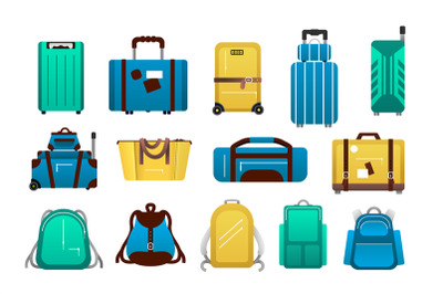 Luggage. Cartoon travel plastic suitcases and airport journey baggage,