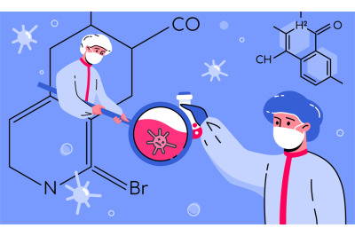 Science research. Cartoon doctors in chemical laboratory doing experim