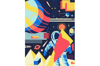 Space abstract background. Futuristic psychedelic poster with cartoon