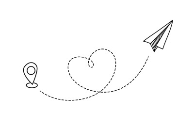 Plane flight. Flying paper airplane with heart shaped trace and locati