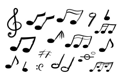 Music notes. Hand drawn sound symbols. Melody recording. Collection of
