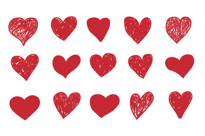 Doodle hearts. Hand drawn red symbols. Isolated painted over or shaded