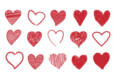 Heart doodle icons. Romantic red symbols for Valentine invitation and