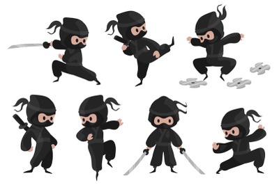 Ninja character. Cute cartoon fighter with sword for children illustra