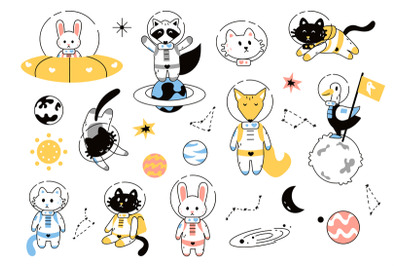 Space animals. Adventure astronauts on alien planet and galaxy. Cats a