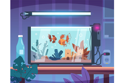Cartoon aquarium. Room interior. Glass tank with water and sand on tab