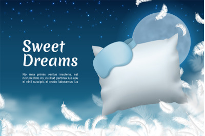 Sweet dreams poster. Realistic sleep mask and soft pillow. Comfortable