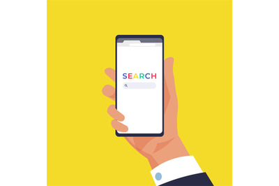 Hand holding smartphone with search. Mobile in arm. Browser field for