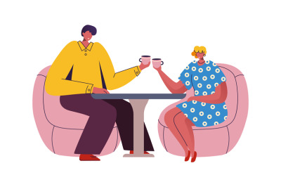 Couple in cafe. Cartoon man and woman sitting at table and drinking te