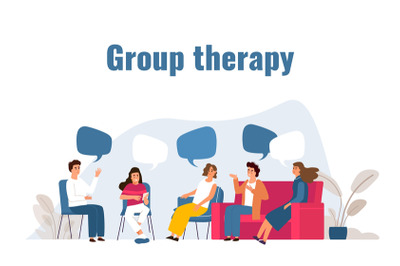 Group therapy. Addiction treatment session. Cartoon people with speech