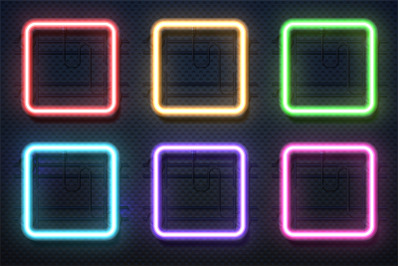 Neon square lamps. Realistic electric borders, illuminated frames. Glo