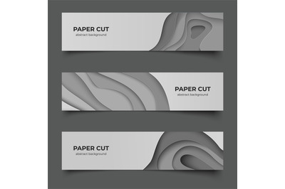 Paper cut horizontal banners. Abstract 3D flyers. Origami multilayer s