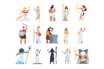 Cartoon Greek gods. Members of divine pantheon of Greece. Mythology pe