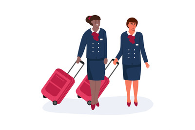 Air hostess. Stewardess with luggage. Standing women in uniform. Aircr