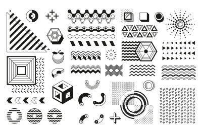 Memphis geometric shapes. Retro black and white halftone pattern and t