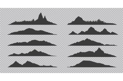 Mountain silhouette. Black outline rocks and hills with forests. Conto