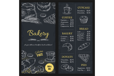 Bakery menu mockup. Hand drawn brochure of food with price. Cafe assor