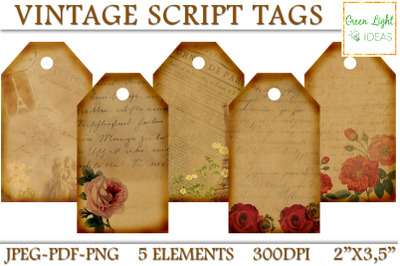 Printable Vintage Script Gift Tags, Junk Journal Floral Tags