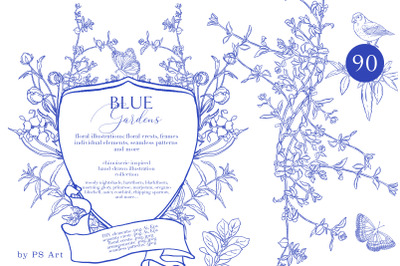 Blue Gardens Chinoiserie Clipart &amp; Patterns