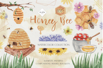 Honey Bee Spring Summer Floral Clipart. Patterns, Frames