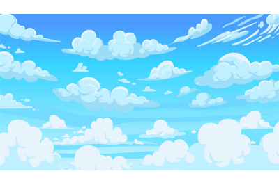 Cloudy sky background. Cartoon atmospheric anime scenery with white cl