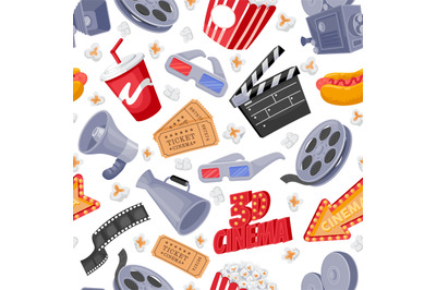 Movie elements pattern. Seamless print of film making and cinema theat