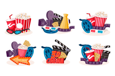 Cinema cartoon icons. Cartoon movie production and film theater symbol