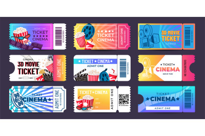 Movie tickets. Cinema event coupon with cartoon icons&2C; retro entry adm