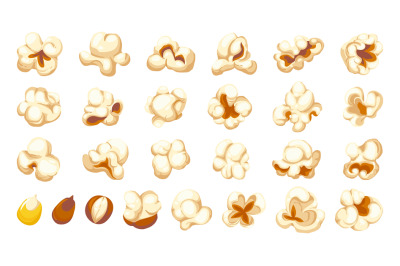 Cartoon popcorn shapes. Film and TV snacks of popping corn, cinema fun