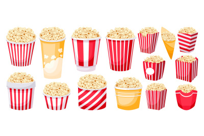 Popcorn buckets. Cartoon holiday snacks mockup for film and TV watchin