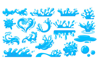 Water splash. Cartoon falling liquid drops, floating waves and stream,