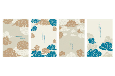 Asian posters with clouds. A4 cover mockup with oriental decorative cl