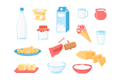 Dairy products. Cartoon milk in bottle, pack and glass, cheese yoghurt