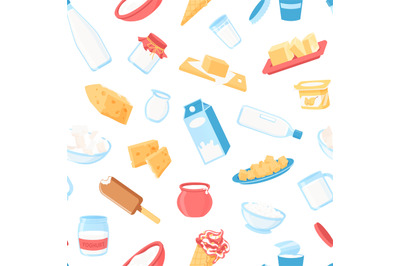 Dairy products pattern. Seamless print of milk in various packages and