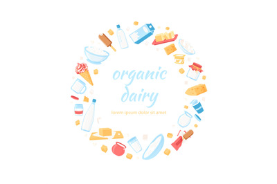 Milk food in circle. Cartoon dairy products placed in round shape, hea