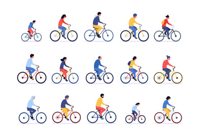 People on bicycle. Cartoon persons ride on bike, different sportsmen c