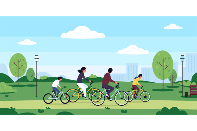 Family on bicycle. Cartoon outdoor bike ride on nature with kids mom a