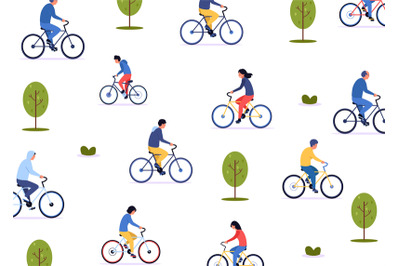 Man on bicycle pattern. Seamless print with cartoon bike rider, active