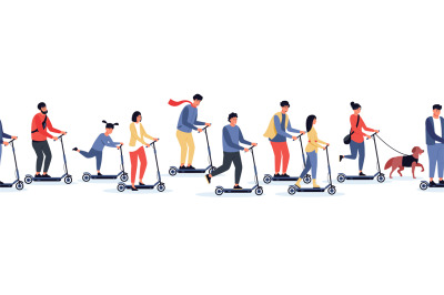 People on scooter pattern. Seamless horizontal print with characters r