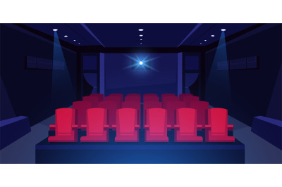 Cartoon cinema auditorium. Movie theater dark room with red seats and