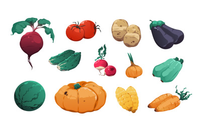 Vegetables collection. Fresh farm food highly detailed cartoon game as