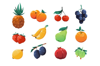 Fruits game asset. Cartoon exotic organic fruits collection, 2D game s