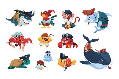 Pirate sea animals. Cartoon nautical animals wearing pirate hats and b