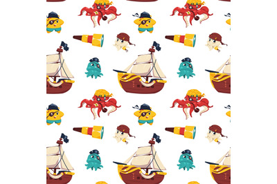 Pirate animals pattern. Seamless print of nautical underwater animals