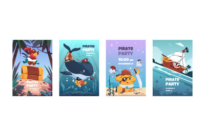 Pirate animals posters. Cartoon cute marine characters in pirate costu