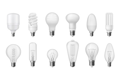 Realistic light bulb. Different types of energy efficient, fluorescent