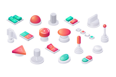 Isometric buttons. 3D toggles switches and sliders, analog control pan