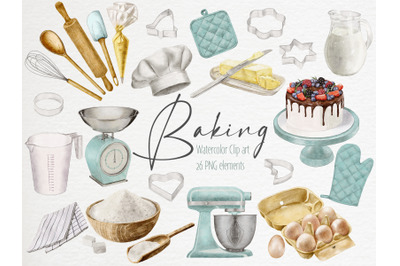 Watercolor baking clipart Cooking Elements Ingredients Hand drawn png