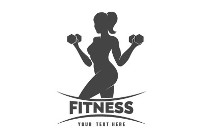 Woman with Dumbbell Fitness Monochrome Logo on white.