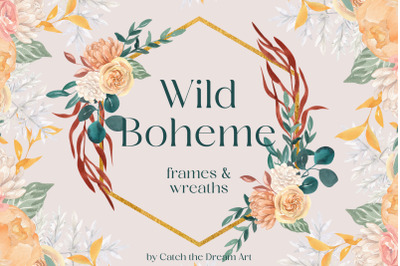 Wild Boho Floral Frames and Wreaths Watercolor